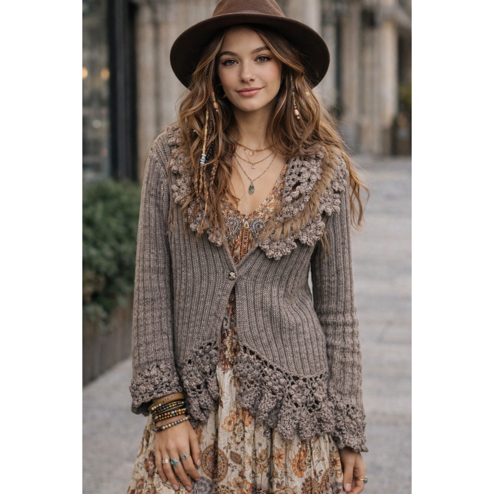 Emma G Boho Crochet Lace Fur Trim Cardigan‎ Sweater Women L Brown Button Front